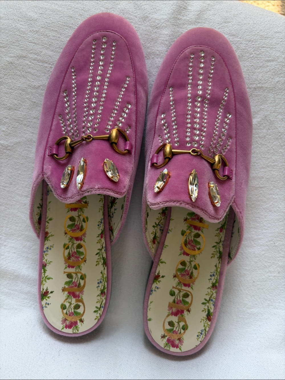 Gucci Pink Suede Jeweled Backless Mules with Horsebit